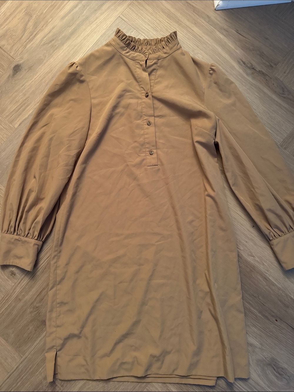 Khaki Canvas Tunic Dress with Ruffled Neck